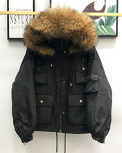 Load image into Gallery viewer, Large Natural Raccoon Fur Women Down Coat Winter Thick 90% White Duck Down Parka Female Hooded Short Jacket Loose Down Outerwear