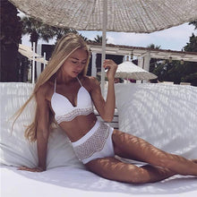 Load image into Gallery viewer, Retro Swimwear Women White Beachwear Sexy Vintage Bikini Set Halter Neck Spliced Lace Swimsuit Female Bathing Suit Biquinis
