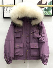 Load image into Gallery viewer, Large Natural Raccoon Fur Women Down Coat Winter Thick 90% White Duck Down Parka Female Hooded Short Jacket Loose Down Outerwear
